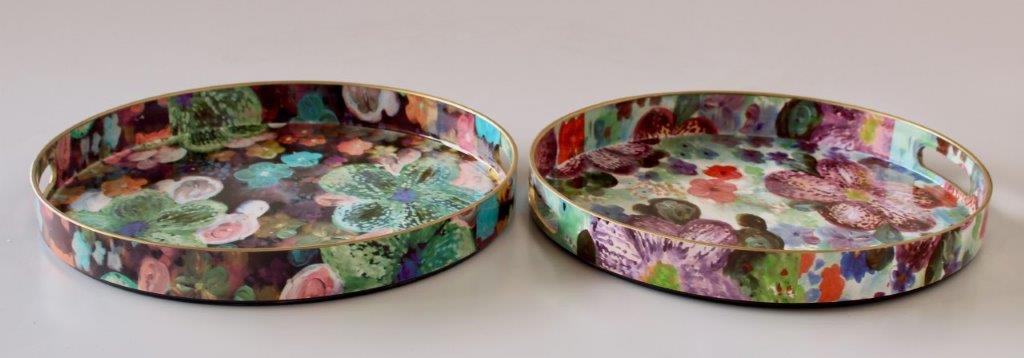 Set Of 2 Round Floral Trays